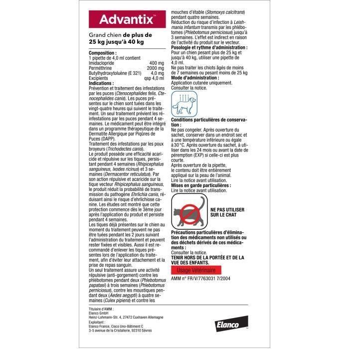 Advantix Chien Solution Antiparasitaire Grande Race 25 a 40kg 4 pipettes 1 Advantix Chien Solution Antiparasitaire Grande Race 25 a 40kg 4 pipettes 1