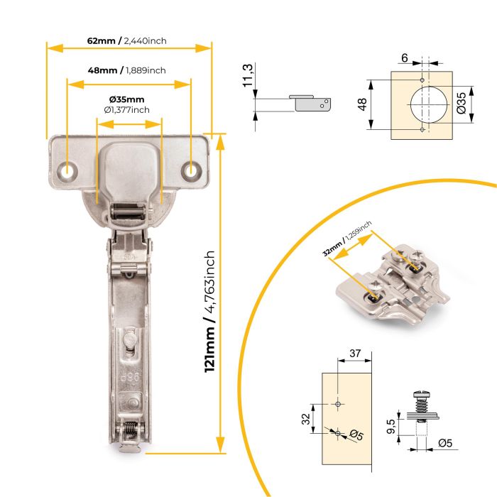 Emuca Lot de 20 charnières droites X92N et embases de montage mixtes, Diamètre 5x9.5mm, Hauteur 0, Acier, Nickelé 3 Emuca Lot de 20 charnières droites X92N et embases de montage mixtes, Diamètre 5x9.5mm, Hauteur 0, Acier, Nickelé 3