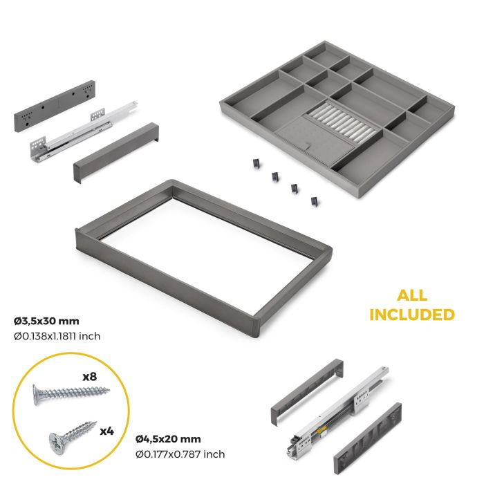 Emuca Kit tiroir organisateur et rack ajustable Quartz pour armoires, glissières extension totale et à fermeture douce, Module 70cm, Finition Titane 5