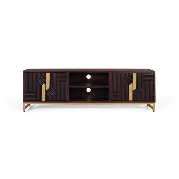 GINER Y COLOMER Buffet TV en bois de manguier massif couleur noyer avec base métallique dorée - Design art déco, portes et étagères 0 GINER Y COLOMER Buffet TV en bois de manguier massif couleur noyer avec base métallique dorée - Design art déco, portes et étagères 0