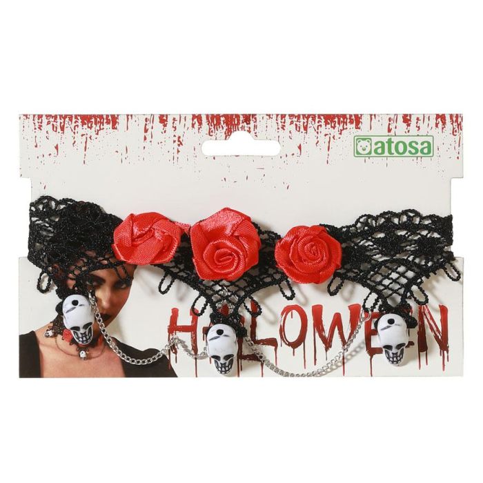 Collar Catrina Gothique en Acier Inoxydable avec Pendentif Crâne et Fleurs Rouges - Collier Gothique pour Déguisement Halloween