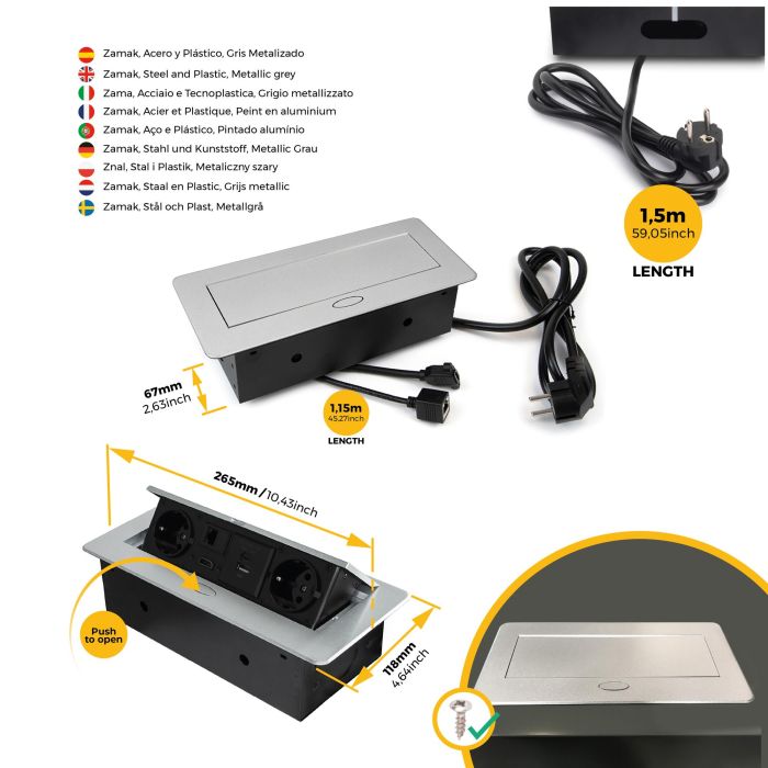 Emuca Multiconnecteur Atom 26 A+C pour bureau, EU, Peint en aluminium, Acier et Plastique et Zamak. 5