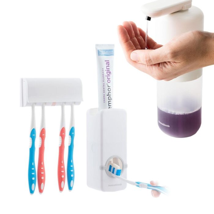 Pack Distributeur de Dentifrice avec Porte Brosse à Dents et Distributeur Automatique Rechargeable de Savon Liquide InnovaGoods