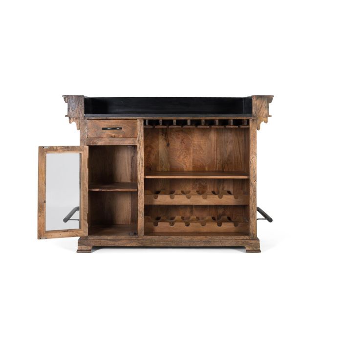 GINER Y COLOMER - Buffet bar en bois de manguier avec planche en granit 150 cm - Marron et noir - Porte, tiroir, rangement pour 12 bouteilles et porte-verres 4