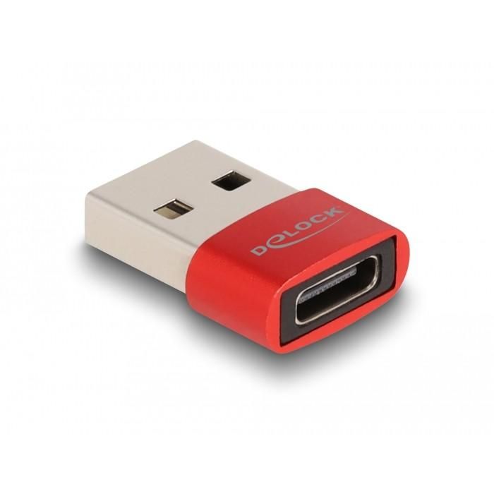DeLOCK Adaptateur USB 2.0 USB Type-A Mâle vers USB Type-C Femelle, Rouge, Alimenté par Port USB