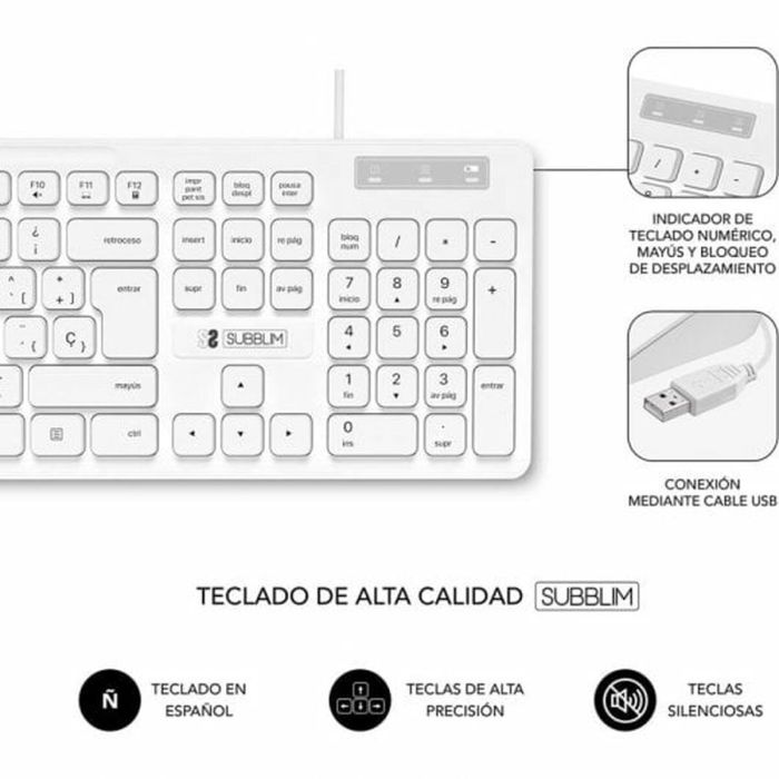 clavier et souris Subblim SUBKBC-CSSK02 Blanc Espagnol Qwerty QWERTY 3