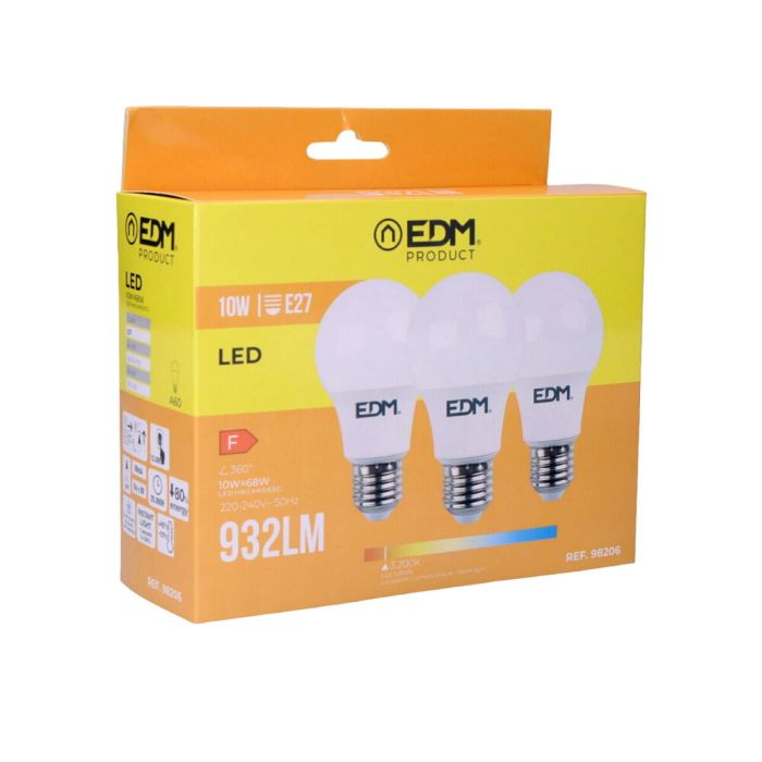 Pack de 3 ampoules LED EDM 98206 F 60 W 10 W 68 W E27 810 Lm 932 Lm Ø 6 x 10,8 cm (3200 K) 0 Pack de 3 ampoules LED EDM 98206 F 60 W 10 W 68 W E27 810 Lm 932 Lm Ø 6 x 10,8 cm (3200 K) 0