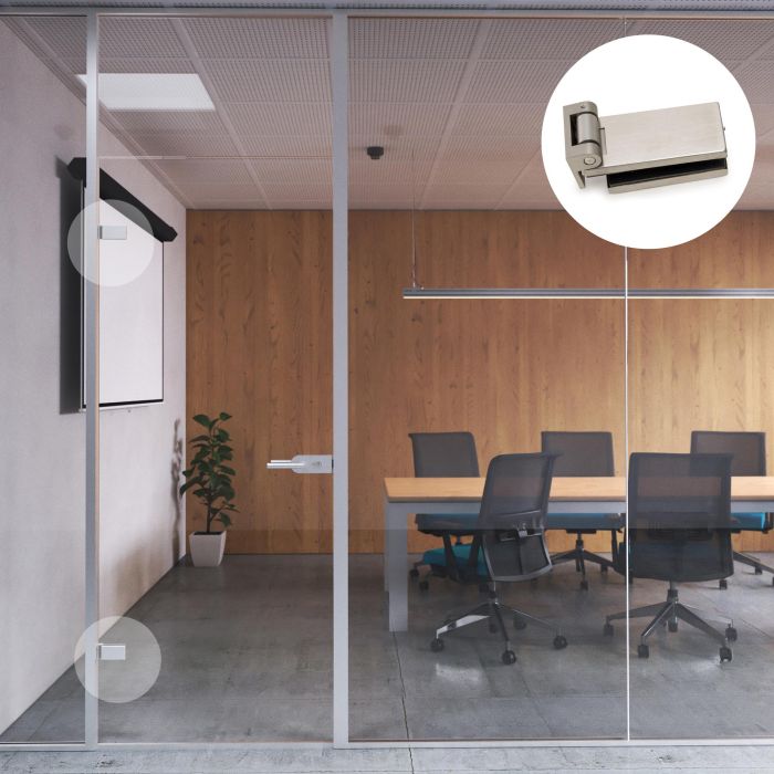 Emuca Charnière pour porte en verre avec garniture en acier inoxydable, charnière horizontale avec embout de 34mm, pour porte de 8-12mm, acier inoxydable 1