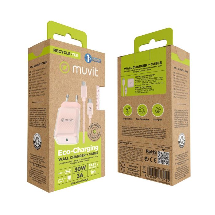Chargeur Mural + Câble USB-C Muvit for Change Glass GaN Rose 2