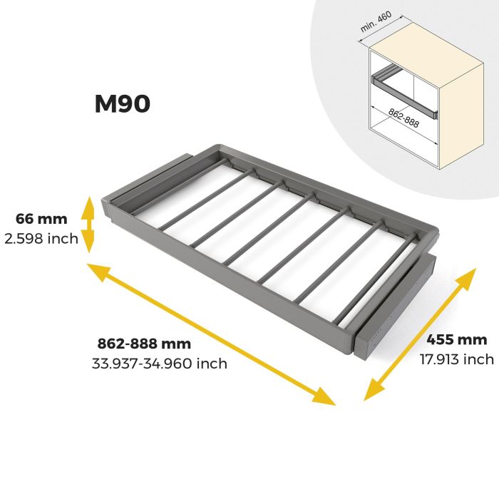Emuca Kit de porte-pantalon à 7tringles et rack ajustable Quartz pour armoires, glissières extension totale et à fermeture douce, Module 90cm, Finition Titane 10