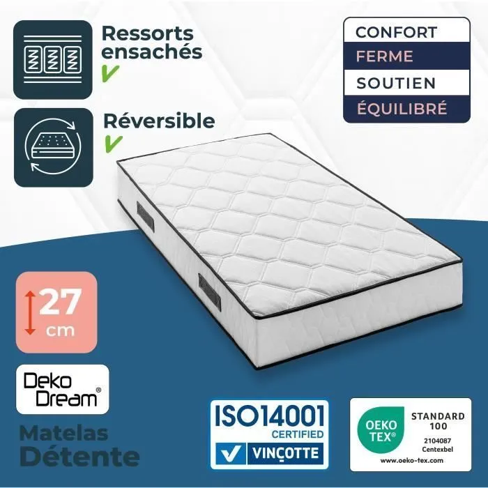 Somnis Bedding 110100910 Matelas 90 x 200 cm, 27 cm, 380 Ressorts Ensachés, 7 Zones, Équilibré, Réversible, Fabriqué en Belgique 3