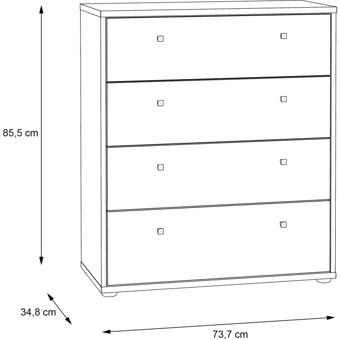 Commode TEMPRA 4 tiroirs en chêne artisan, rangement chambre ou salon, dimensions 73.7 x 34.8 x 85.5 cm