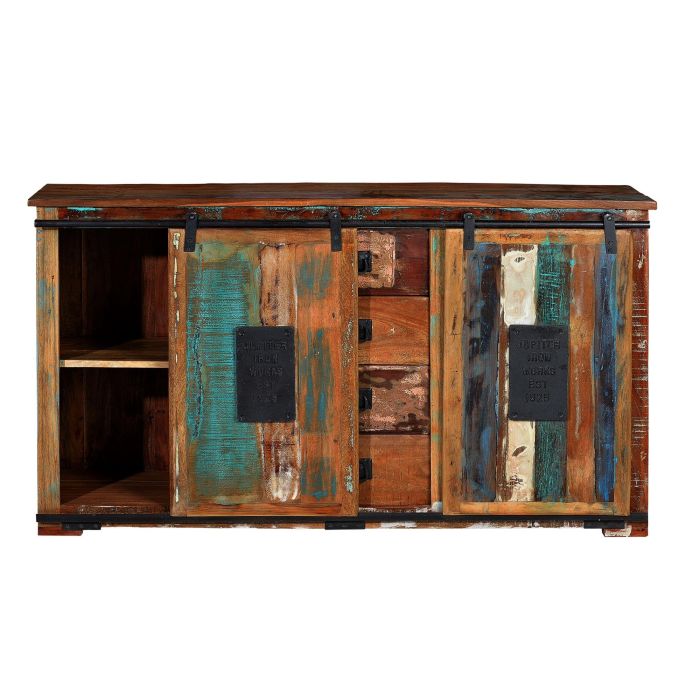 GINER Y COLOMER Buffet Exclusif en Bois Recyclé Multicolore avec 4 Tiroirs, 2 Portes Coulissantes - 130 x 81 x 38 cm 2 GINER Y COLOMER Buffet Exclusif en Bois Recyclé Multicolore avec 4 Tiroirs, 2 Portes Coulissantes - 130 x 81 x 38 cm 2