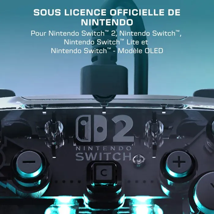 Turtle Beach Manette Gaming Afterglow RGB Filaire Transparente pour Nintendo Switch 2 - Compatible Switch et Switch OLED - Éclairage Personnalisable, Sticks Hall, Bouton GameChat