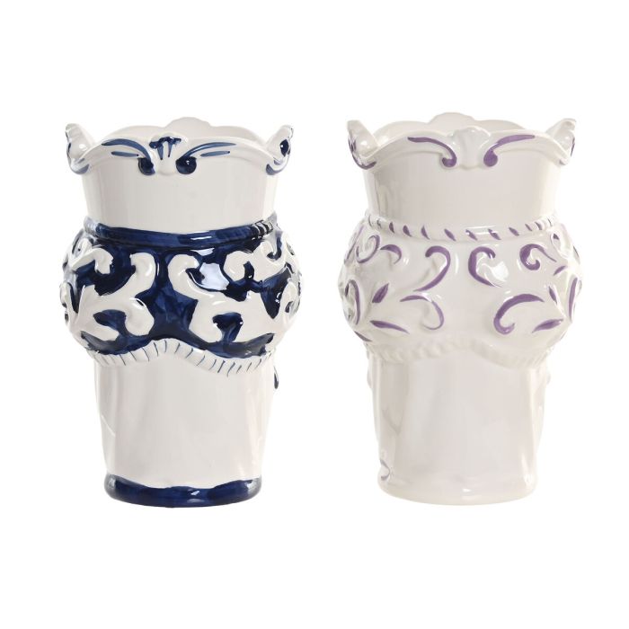 Cache-pot Home ESPRIT Bleu Blanc Noir Porcelaine 12 x 12 x 20 cm (2 Unités) 2
