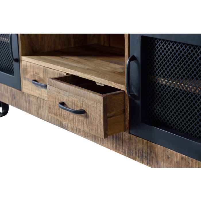 GINER Y COLOMER Meuble TV industriel en bois de manguier et métal, couleur naturel - 150 x 60 x 38 cm, structure en bois massif avec portes métal, finition artisanale 5