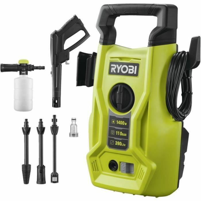 Ryobi Nettoyeur Haute Pression 1400W, 110 bars, 390 L/h, Tuyau PVC 5m, Lances Vario et Turbo, Buse Détergent 0.35L - RYO1691998329748