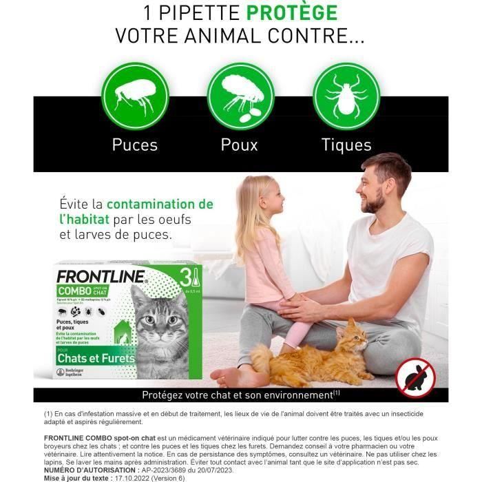 Frontline Combo chat - Anti-puces anti-tiques pour chat - 3 pipettes 1