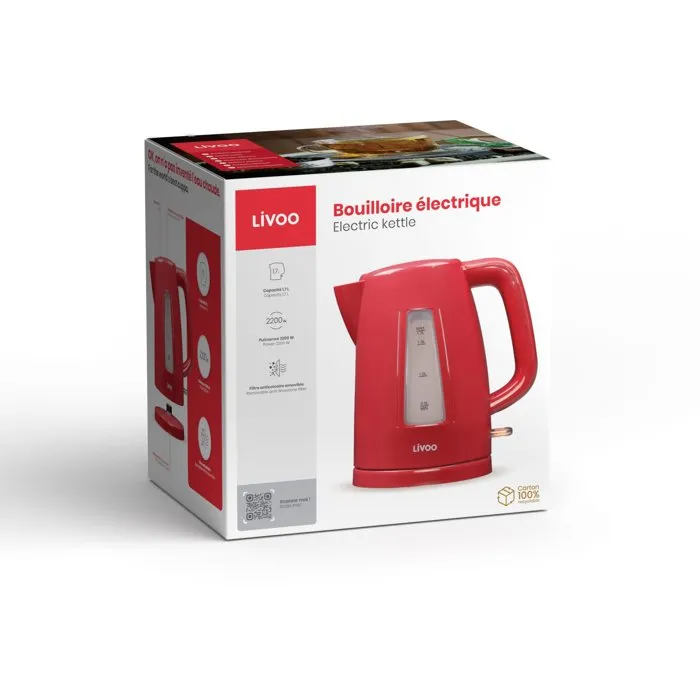 Livoo Bouilloire Électrique DOD184RC Rouge 1,7 L 2200 W - Base Pivotante 360°, Filtre Anticalcaire et Arrêt Automatique