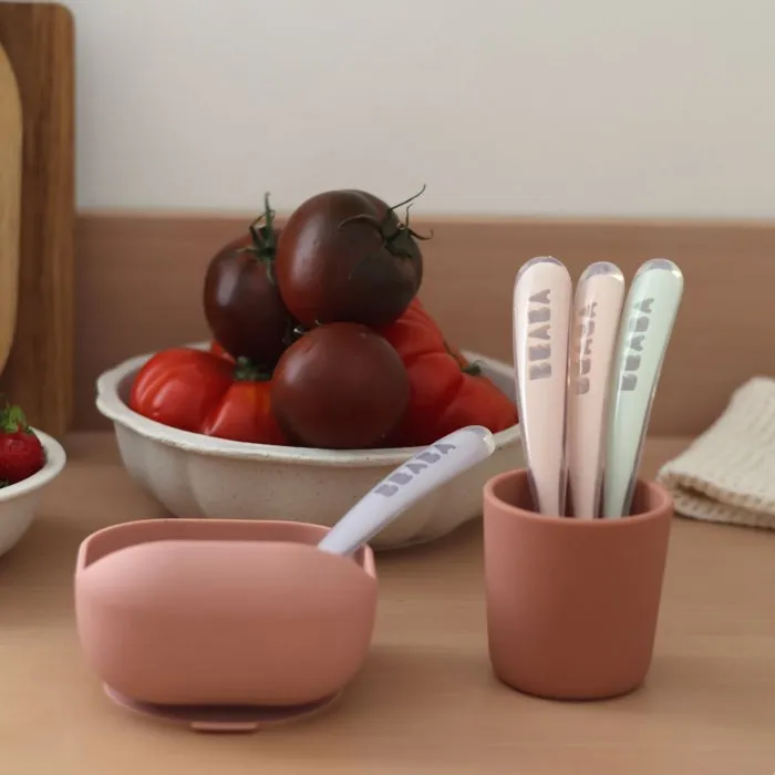 BEABA Set de 4 Cucharas de Silicona para la Primera Edad (Azul Viento + Verde Eucalipto + Niebla Ligera + Rosa Antiguo) 3