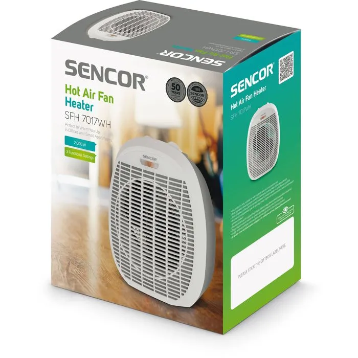 SENCOR Radiateur soufflant électrique SFH 7017WH, 2000 W, 2 niveaux de chauffage, fonction air froid, thermostat, blanc, protection surchauffe