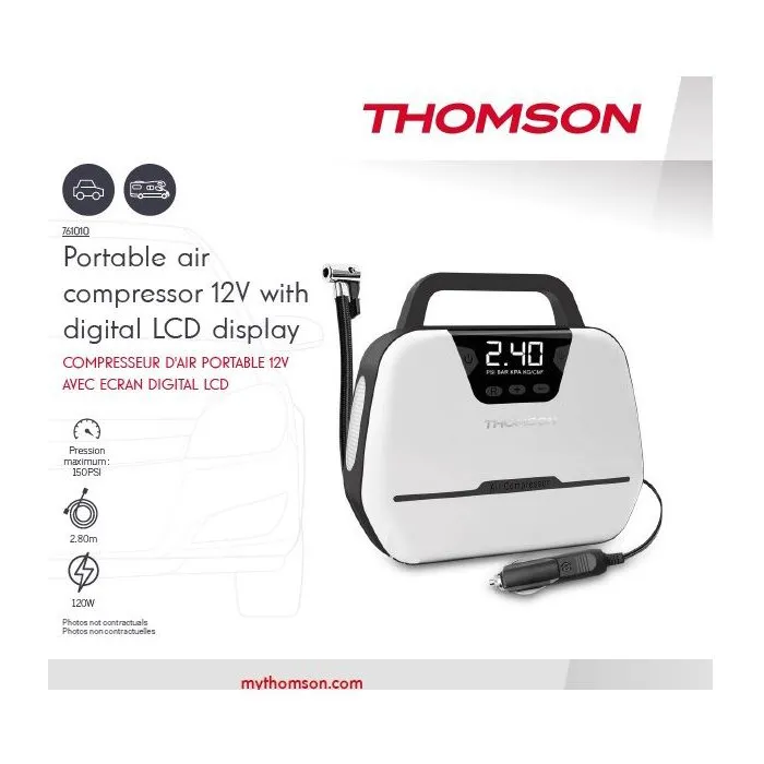Compresseur d'air Thomson 12V LCD - Pression max 150PSA - Ecran digital - Lampe de travail intégrée - Cordon allume-cigare 2.80m Compresseur d'air Thomson 12V LCD - Pression max 150PSA - Ecran digital - Lampe de travail intégrée - Cordon allume-cigare 2.80m