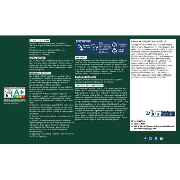 Ripolin - Peinture Multi-supports Mat 2L, Vert Basque RAL 6005 - Pour Bois, Métal, Béton, PVC - Résiste aux UV et Intempéries