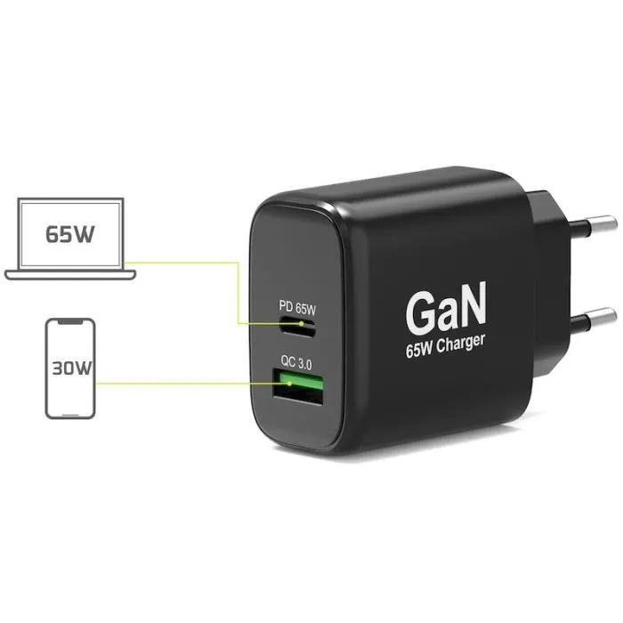 Port Designs 902104EU - Chargeur mural GaN 65 W avec ports USB-C et USB-A - Noir Port Designs 902104EU - Chargeur mural GaN 65 W avec ports USB-C et USB-A - Noir