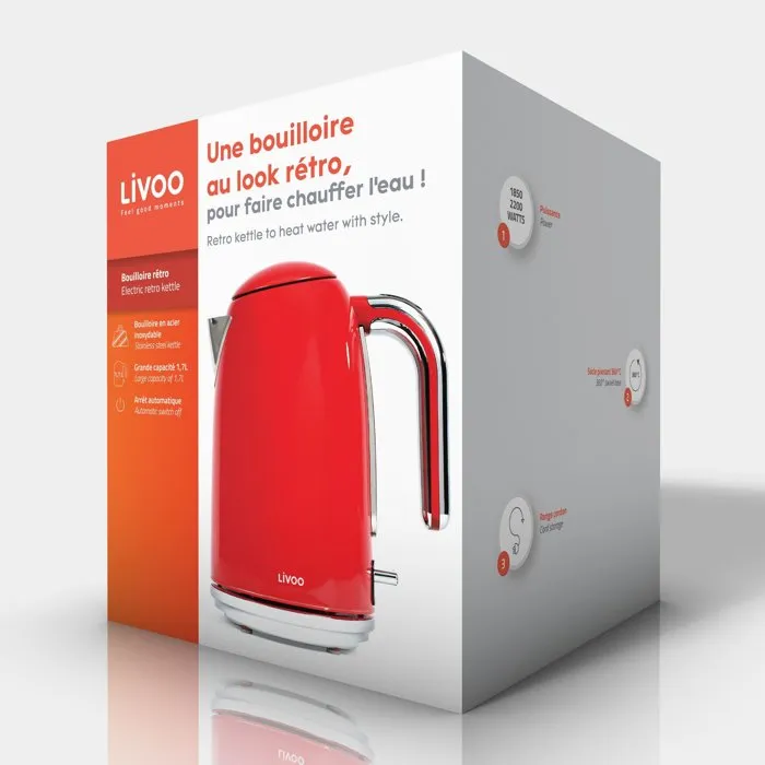Livoo Bouilloire rétro rouge DOD180R - 2200 W - Capacité 1,7 litres - Socle pivotant 360° - Corps inox - Filtre anticalcaire - Arrêt automatique Livoo Bouilloire rétro rouge DOD180R - 2200 W - Capacité 1,7 litres - Socle pivotant 360° - Corps inox - Filtre anticalcaire - Arrêt automatique