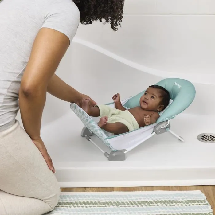 Ingenuity Summer - Transat de bain bébé pliable 2 positions, filet porte-bébé et coussin, pour 0-6 mois (max 9 kg), vert