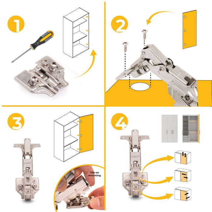 Emuca Lot de 10 charnières Super coudées X91 ouverture à 165 degrés avec fermeture amortie et embases Euro, hauteur 0, acier, nickelé 8