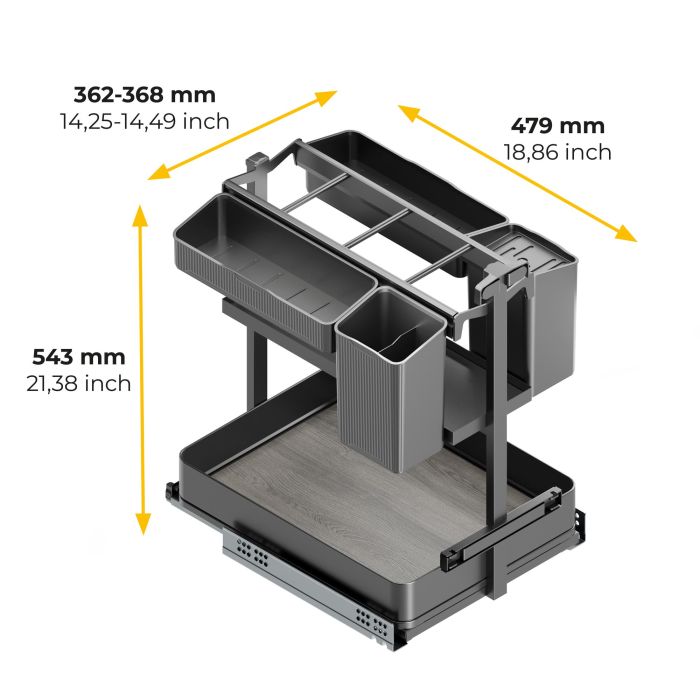 Emuca Chariot extractible avec paniers et accessoires Harmony avec fermeture à amortie, Module largeur 400mm hauteur 700mm, Acier et Bois, Gris anthracite 9