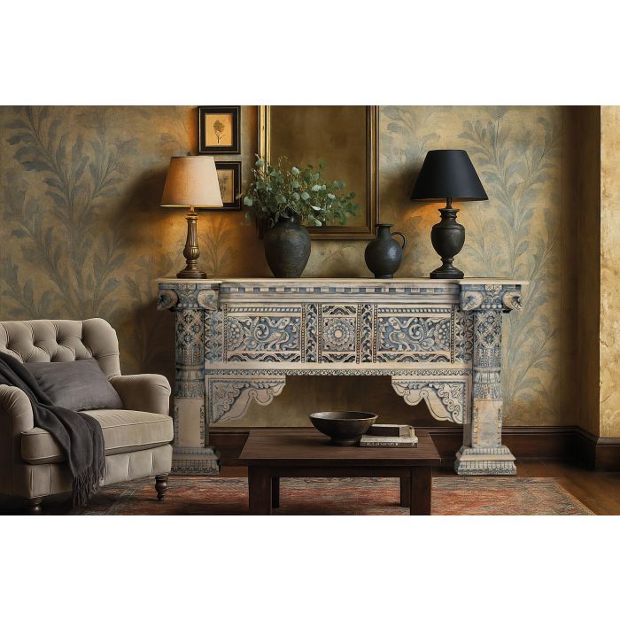 GINER Y COLOMER Console d'entrée en bois de manguier avec colonnes et panneau frontal sculptés à la main, finition blanc lavé et bleu 6