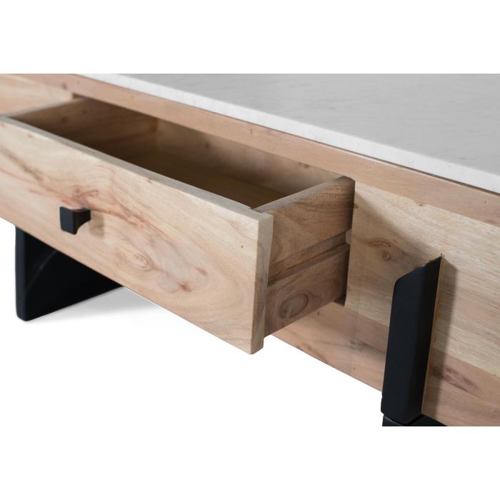 GINER Y COLOMER - Table basse en bois d'acacia massif et marbre blanc avec tiroir traversant et pieds métalliques noirs - Design moderne 4 GINER Y COLOMER - Table basse en bois d'acacia massif et marbre blanc avec tiroir traversant et pieds métalliques noirs - Design moderne 4