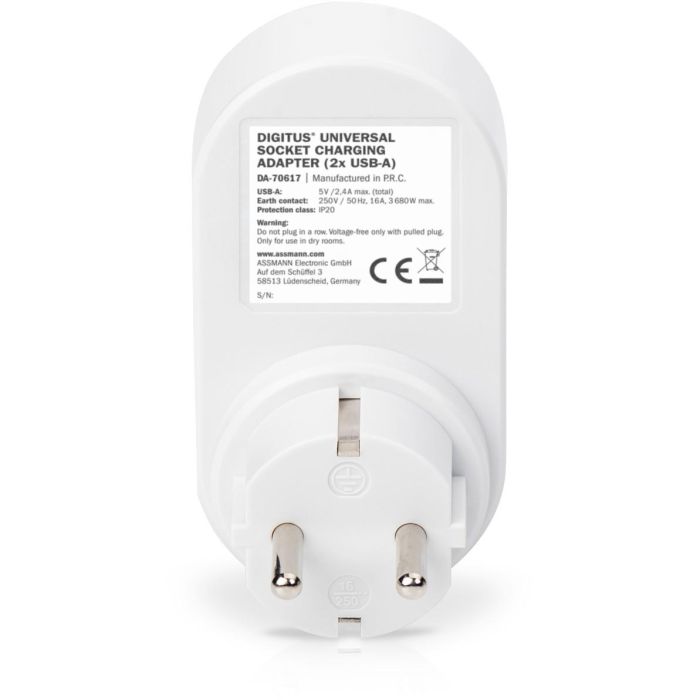 DIGITUS Universal Steckdosenadapter mit 2 x USB-A 3