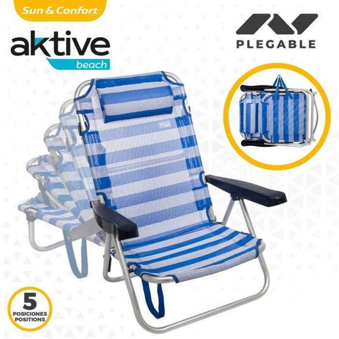 Chaise de Plage Aktive Pliable Coussin Blanc Bleu 48 x 84 x 46 cm (2 Unités) 4