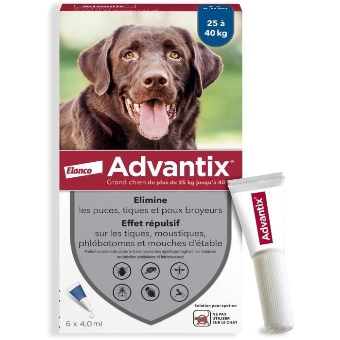 ADVANTIX Chien Solution Antiparasitaire Grande Race 25 a 40kg 6 pipettes 0 ADVANTIX Chien Solution Antiparasitaire Grande Race 25 a 40kg 6 pipettes 0
