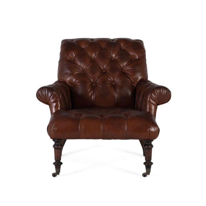 GINER Y COLOMER - Fauteuil en cuir véritable marron avec capitonnage, dossier haut et accoudoirs, pattes en bois et roulettes - 99x92x94 cm 1