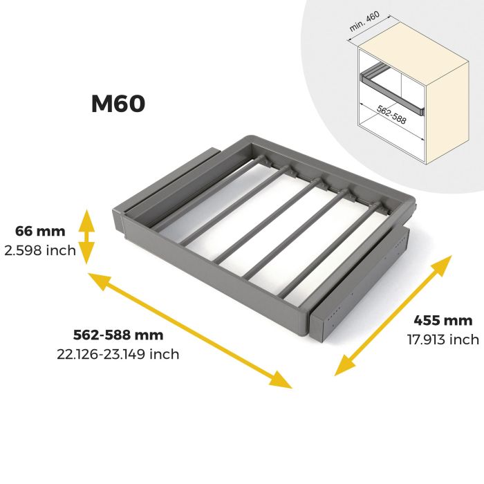 Emuca Kit de porte-pantalon à 7tringles et rack ajustable Quartz pour armoires, glissières extension totale et à fermeture douce, Module 60cm, Finition Titane 10