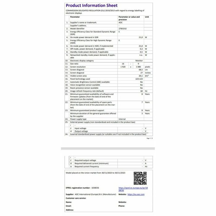 Monitor Gaming AOC 27B3CA2 27" Full HD 20