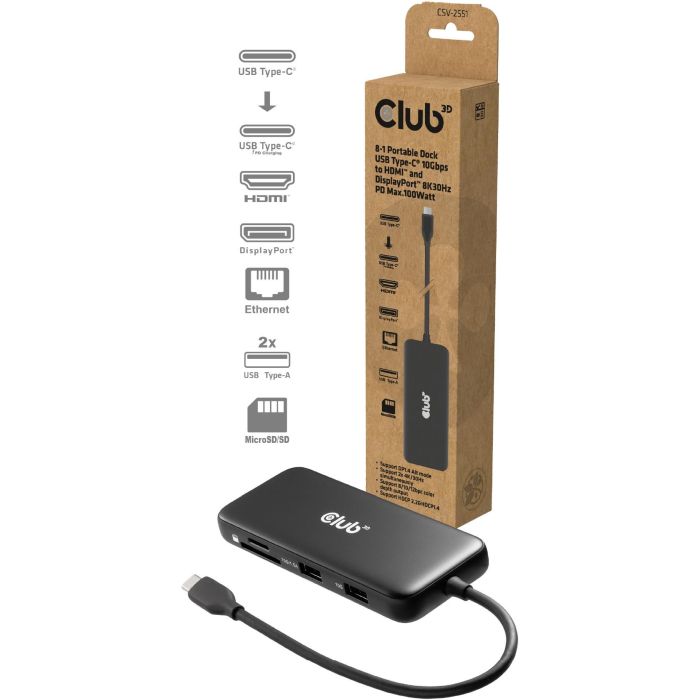 Club3D USB-C 8in1-HUB >DP1.4/HDMI2.0/USB-C/LAN 8K30Hz PD100W 1