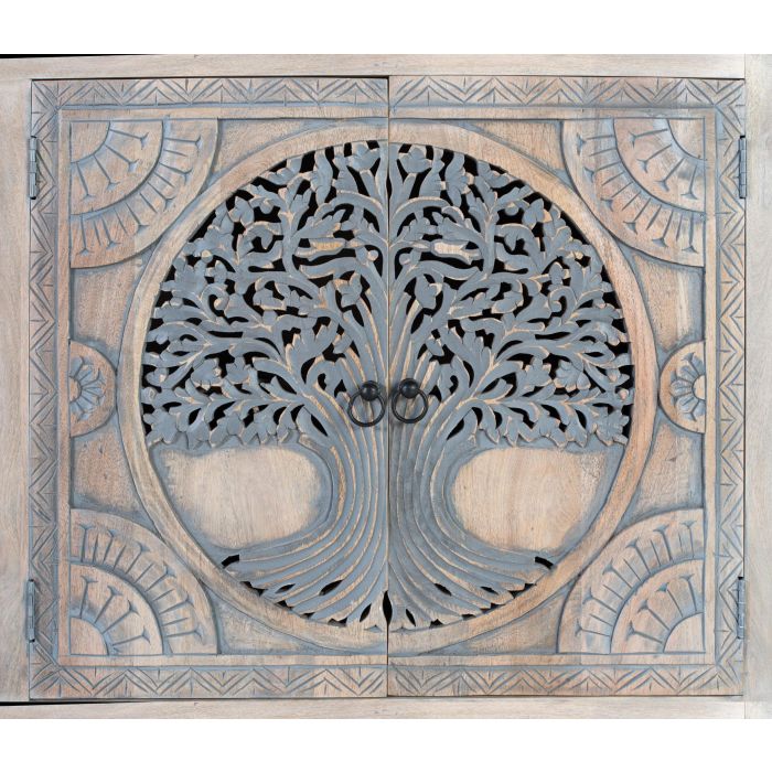 GINER Y COLOMER - Buffet en bois de manguier avec 4 portes décorées à la main, motifs sculptés Arbre de Vie, finition naturelle et bleue, intérieur avec étagères 4