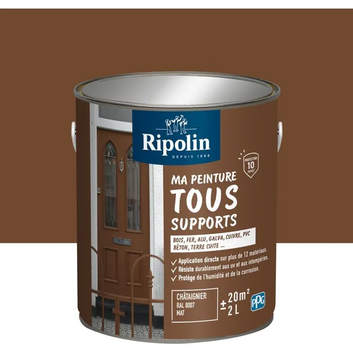 Ripolin - Peinture multi-supports 2 litres - Bois, fer, aluminium, béton, PVC - Mat - Teinte Châtaigner RAL 8007 - Résistante aux intempéries et à l'humidité Ripolin - Peinture multi-supports 2 litres - Bois, fer, aluminium, béton, PVC - Mat - Teinte Châtaigner RAL 8007 - Résistante aux intempéries et à l'humidité