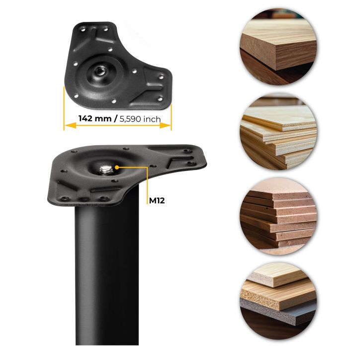 Emuca Lot de 4 pieds de table, diamètre 60mm, H 830mm, Acier, Peint en noir 12