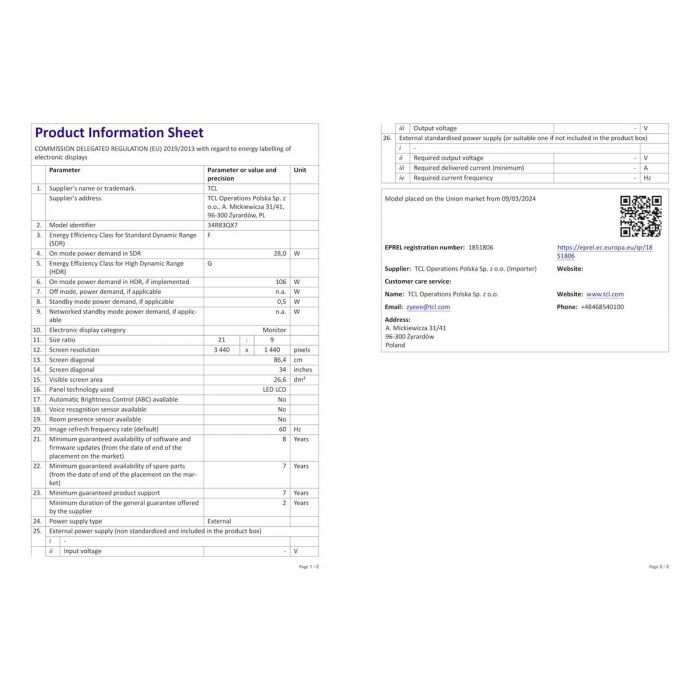 Écran TCL 34R83Q LCD 37" 10