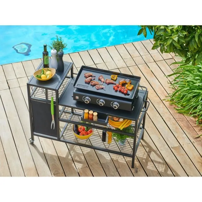 Brasero carro de cocina al aire libre plancha almacenamiento 3 ganchos 2 ruedas 128x60x89 cm 2 Brasero carro de cocina al aire libre plancha almacenamiento 3 ganchos 2 ruedas 128x60x89 cm 2