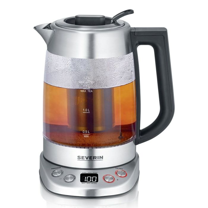 Severin WK 3480 - Bouilloire électrique 1,7L 3000W en verre - Blanc - Thermostat réglable, fonction maintien au chaud et sécurité automatique