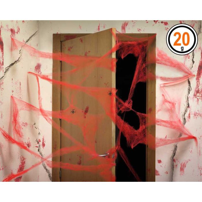 Toile d'araignée rouge avec 2 araignées noires 20 g pour décorations d'horreur et Halloween