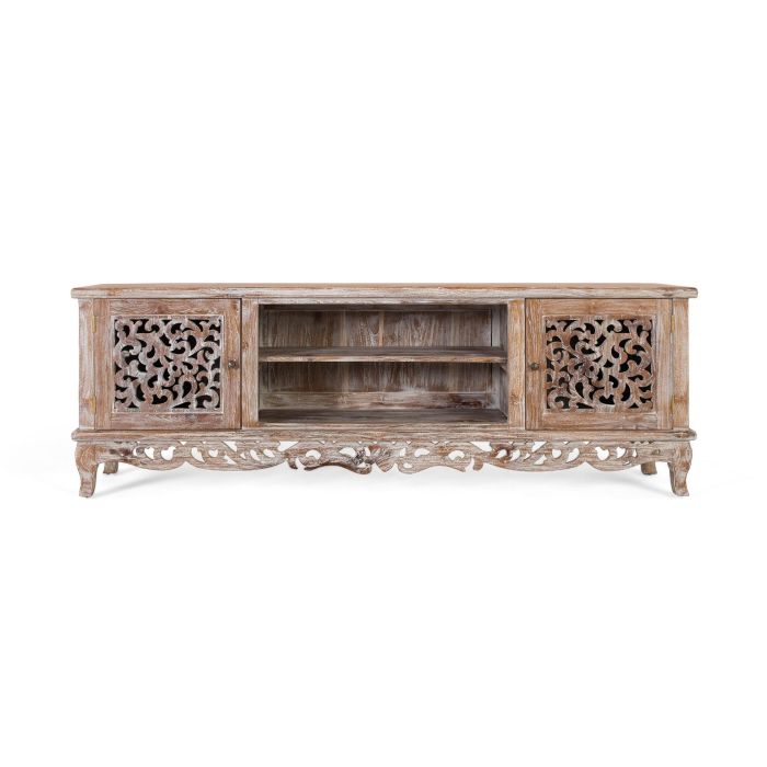 GINER Y COLOMER Buffet TV en bois de teca finition blanc lavé avec sculptures artisanales, 2 portes, 190 x 42 x 64 cm 0 GINER Y COLOMER Buffet TV en bois de teca finition blanc lavé avec sculptures artisanales, 2 portes, 190 x 42 x 64 cm 0