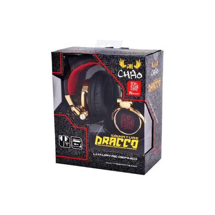 Thermaltake TteSPORTS DRACCO Signature - Casque gaming supra-aural avec micro filaire (Noir/Rouge/Doré, câble 3.5mm amovible 1.5m)